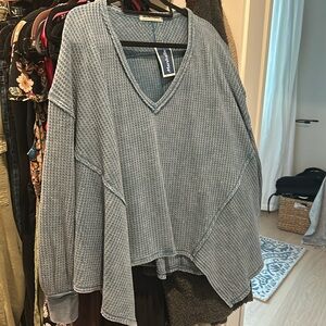 We The Free People Coraline Thermal Top XS Gray Raw Hem Oversized Boxy NWT #S